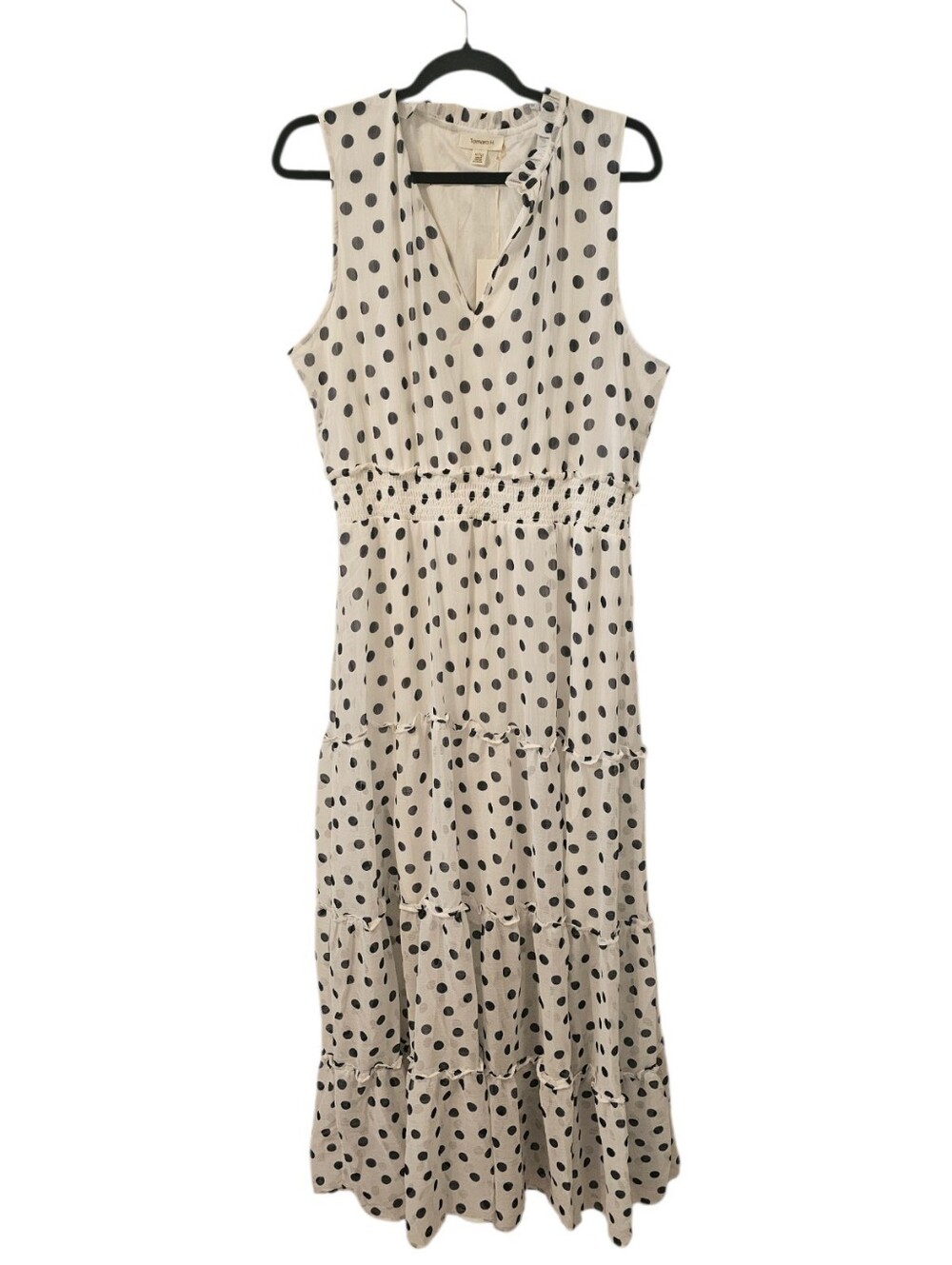 White and Blue Tamara H Women's Sleeveless Polka Dot Tiered Maxi Dress